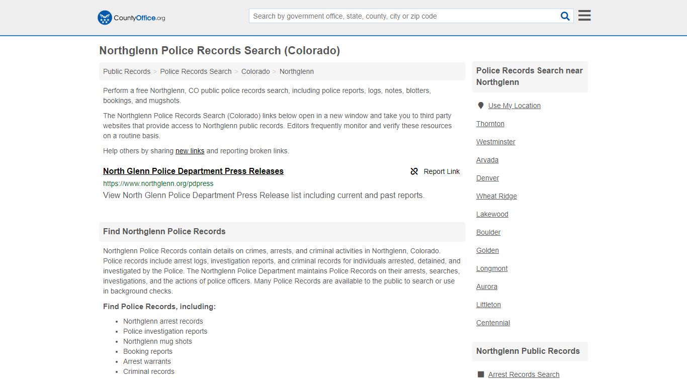 Northglenn Police Records Search (Colorado) - County Office